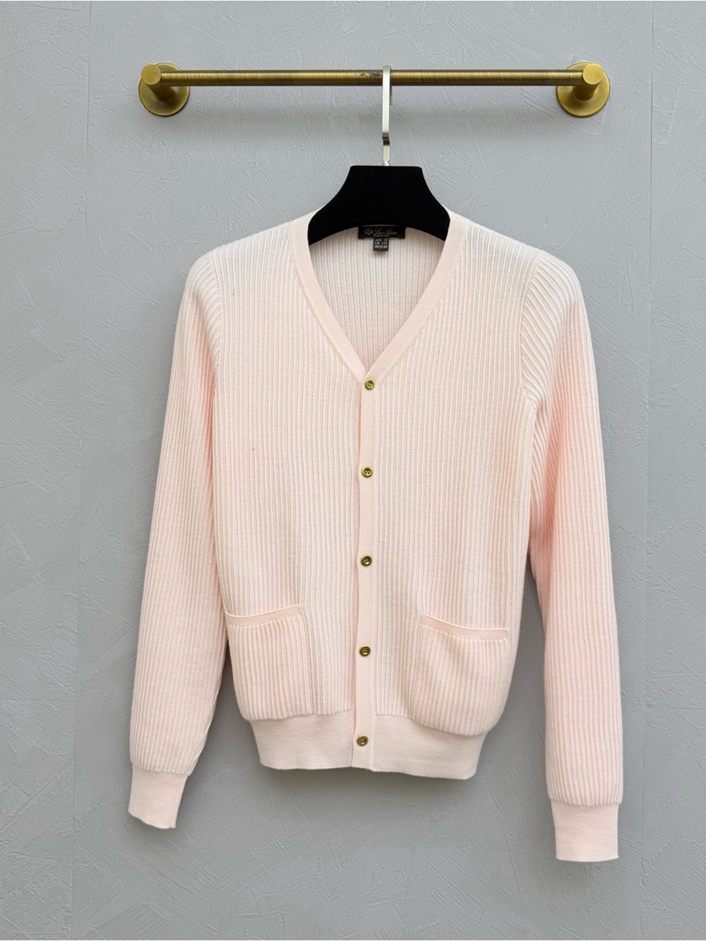 Loro Piana Pale Pink Ribbed V-Neck Cardigan with Gold Buttons